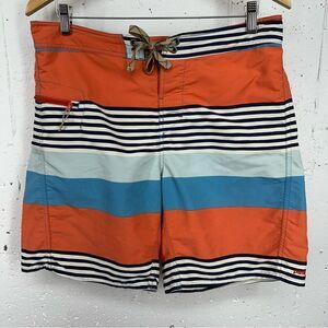 Patagonia size 34 Wayfarer Striped Coral Orange and Blue Swim Board Shorts